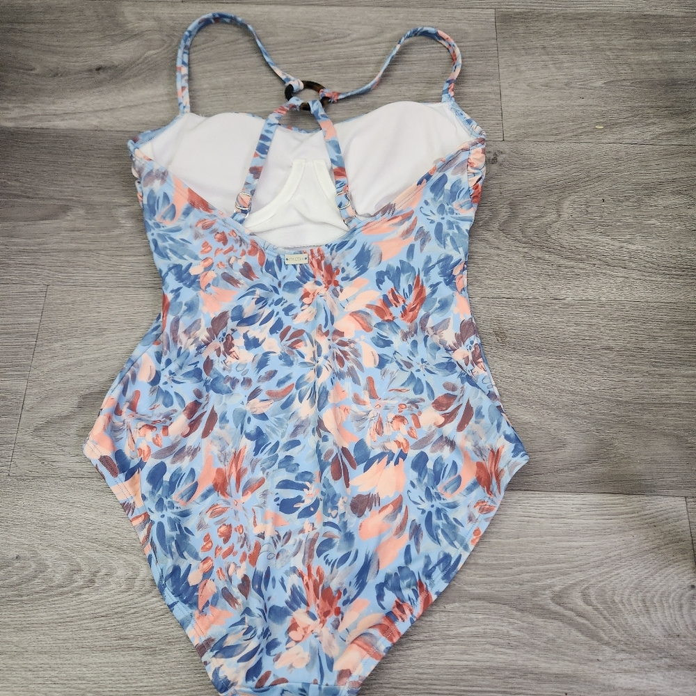 FREELY Blue Orange Swimsuit Size S Floral Ring Back One Piece Wild Flower Wired - Picture 4 of 16